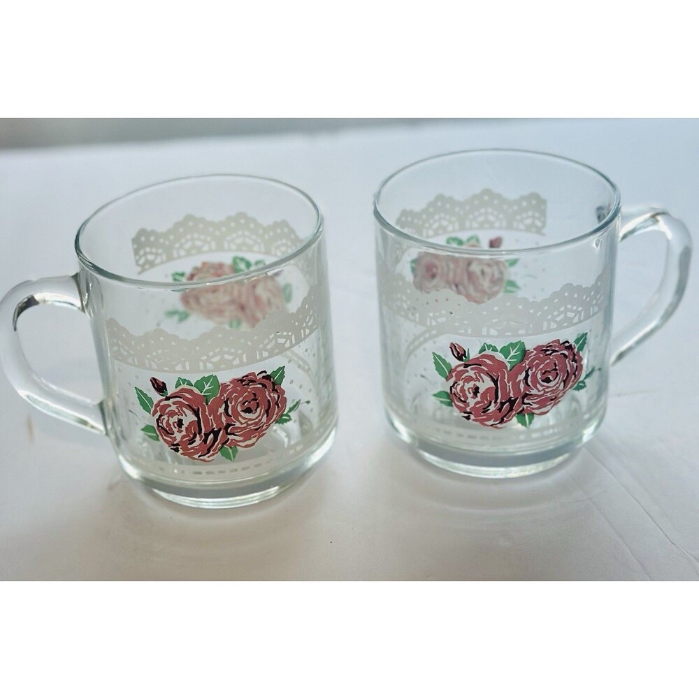 Vintage Floral Glass Coffee Mug Set Pink Roses Lace Cottagecore Tea Cups Pair